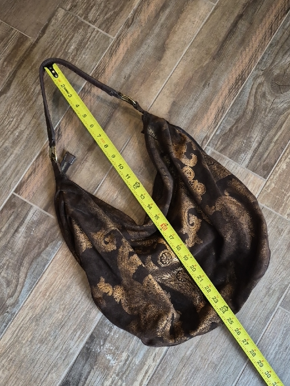 Lucky Brand Brown Suede & Gold Foilage Pleated Detail Bohemian Hobo Shoulder Bag - Picture 13 of 16